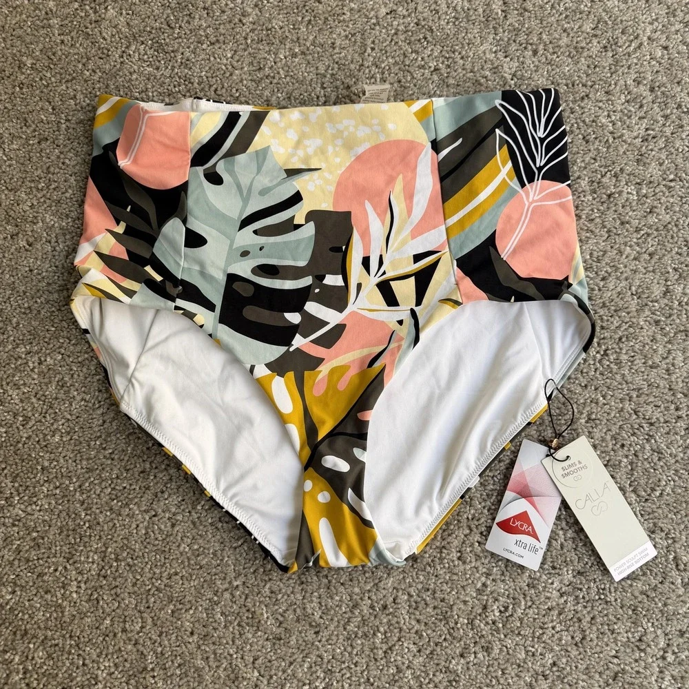 CALIA Swim Bottom Womens XL Multi Palm Print High Rise Bikini Lined Slimming
